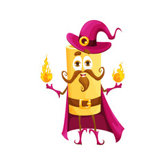 Cartoon Halloween italian pasta wizard character with magic fires. Isolated vector rigatoni personage in robe and hat, conjuring up eerie and delightful spells for festive and spooky holiday night