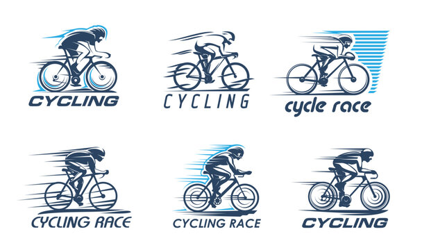 Cycling sport icons with bike racer silhouettes. Road bicycle racing or track cycling vector signs of cyclist men riding bicycles with safety helmets and speed motion trails, sport competition