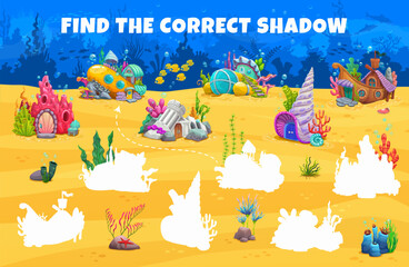 Find the correct shadow of fairytale underwater house buildings kids game worksheet. Shadow matching vector quiz puzzle with cartoon submarine, ship, seashell, ruins and coral houses on sea bottom