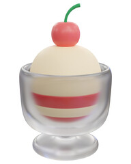 3d rendering a scoop of vanilla ice cream in a glass with a cherry on top transparent