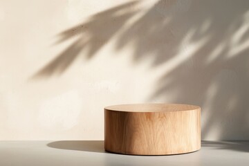 Empty round wooden podium for product display on minimalist wall background with leaf shadow