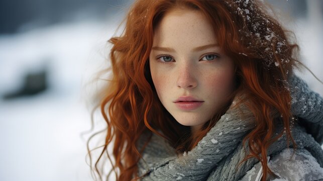 Portrait of a red-haired young woman outdoors in winter wearing knitted clothes, looking at the camera.