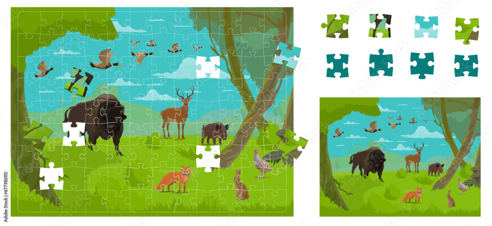 Wall mural jigsaw puzzle pieces, forest hunting animals and birds, vector kids game worksheet. wild fox, deer a