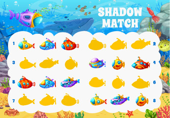 Shadow match game worksheet, cartoon underwater landscape and submarine bathyscaphe, vector puzzle. Find and match suitable shadow silhouette of submarine and bathyscaphe boat in undersea coral reef