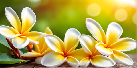 pink frangipani flowers . plumeria flowers and green leaves.