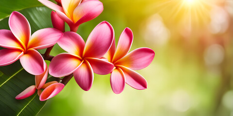 pink frangipani flowers . plumeria flowers and green leaves. - obrazy, fototapety, plakaty
