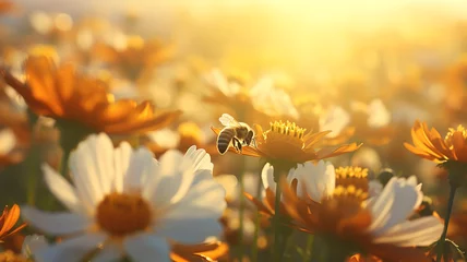  bees pollinate flowers in the morning fog of the last days of summer, landscape, silence and beauty of wildlife in early autumn © kichigin19