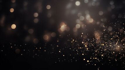 black festive background and barely noticeable golden bokeh sparks of gold in the blur - obrazy, fototapety, plakaty