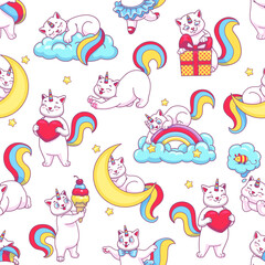 Cute funny cartoon caticorn seamless pattern of cat unicorn and rainbow, vector background. Happy caticorn pattern of kitty unicorn characters or kitten baby in magic dream of princess with love heart