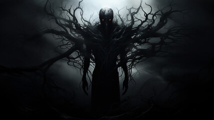 demon of evil, the essence of horror and nightmare darkness, black dark essence silhouette frightening creature phobia, computer graphics