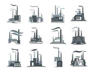 Obraz premium Factory or industrial plant icons set. Vector power plant buildings, factories or nuclear stations of chemical, energy, oil and gas refinery industry. Industrial building silhouettes with smoke, pipes