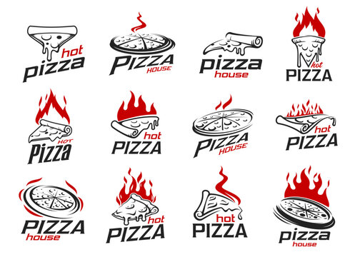 Pizza icons of italian pizzeria and restaurant, vector Italy cuisine food. Black pizza slices with red fire flames, cheese sauce, tomatoes and sausages symbols. Italian fast food cafe menu or delivery - Powered by Adobe