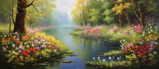 In the serene summer morning with a backdrop of lush green forest the artist sat by the tranquil water sketching the beauty of natures gift a garden filled with vibrant plants grass and lea - obrazy, fototapety, plakaty