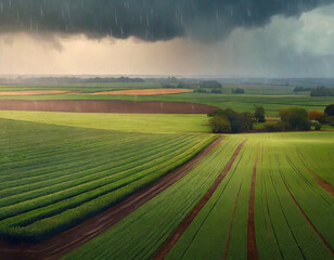 A rural farmland during a gentle rain, with crops glistening in the moisture and the earthy scent of petrichor in the air.