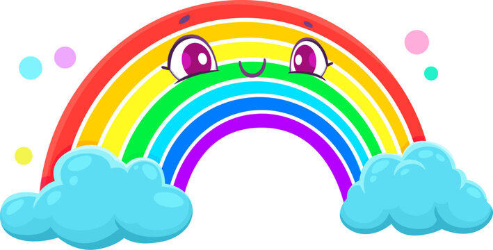 Cartoon cute rainbow weather character. Isolated vector cheerful, whimsical colorful arch personage with blue fluffy clouds, kawaii smiling face, vibrant hues and mischievous face expression