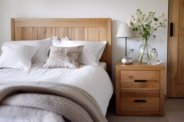 wooden bedside cupboard with beige blanket, modern home and bedroom interior design. generative ai