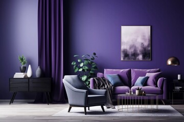 modern living room interior design, purple sofa and armchairs dark blue wall with poster. generative ai