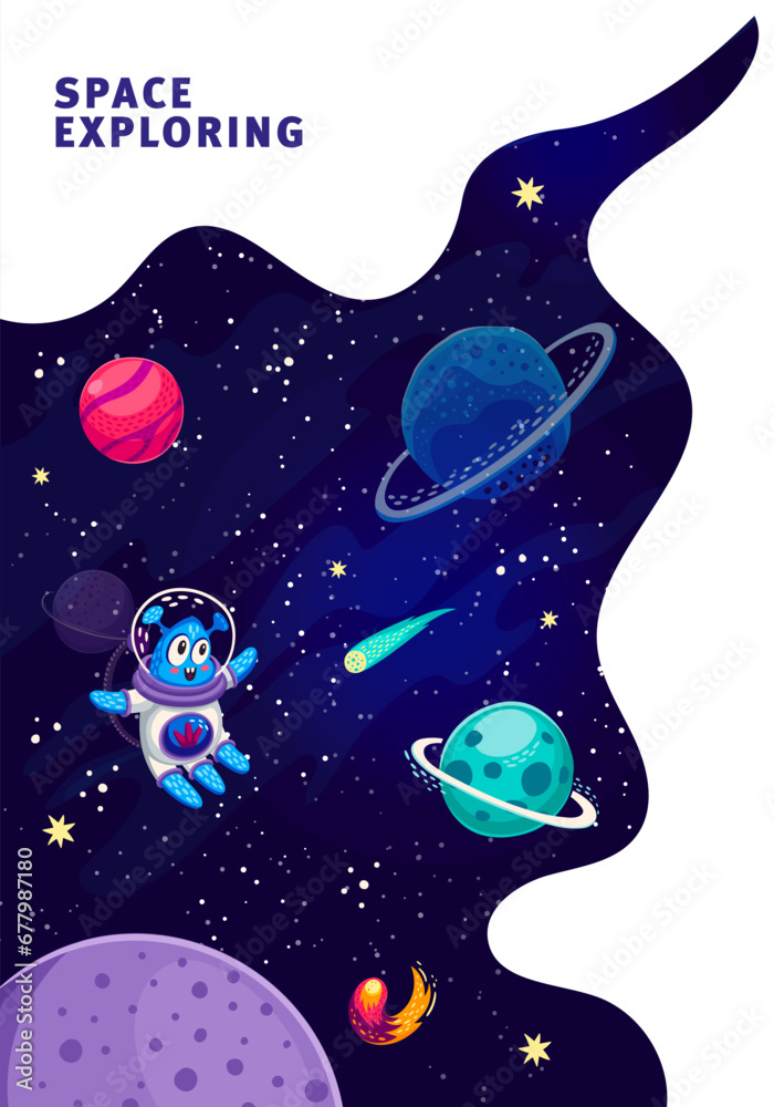 Poster space landing page, poster or flyer with cartoon starry universe, galaxy planets and stars, vector w