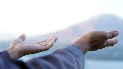 Person open hands. Man hands gesture with open palms of hand. Spiritual concept. Receiving...