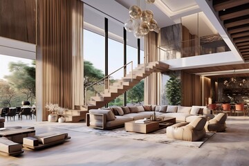 modern living room home interior design with wooden stairs and marble walls. generative ai