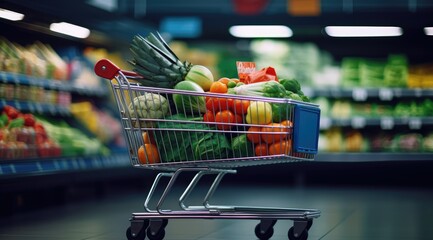 Shopping cart in grocery store full of fruits and vegetables. Generative AI