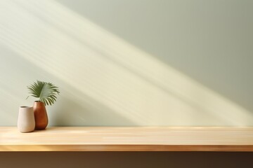 Empty wooden table for product presentation on minimalist sage green background with sun shadow