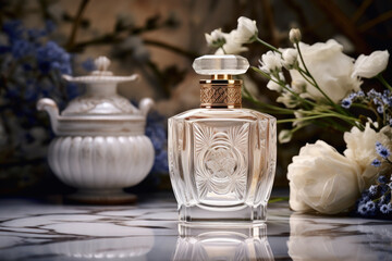 Transparent bottle of perfume on a table among flowers. Elegant luxury fragrance presentation with daylight. Generative AI