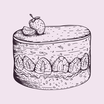 Sketch slice of cake with strawberry. Engraving ink vector illustration. Hand drawn dessert with berries and cream. Image for bakery logo, packaging, display window design, menu cover.