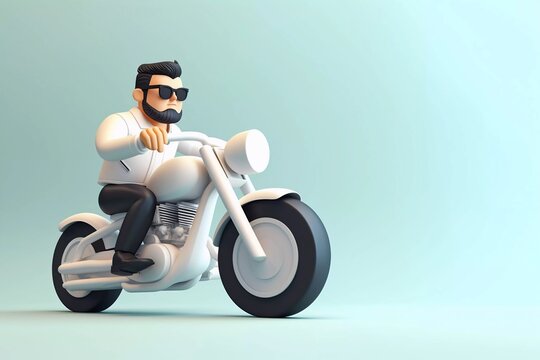 cartoon 3d illustration, man riding a motorbike on a minimalist background. generative ai