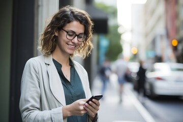 Happy and Smiling woman wearing glasses looking at her phone while on city street