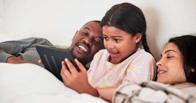 Parents, girl and kid with tablet in bedroom for online games, download multimedia and reading ebook. Mom, dad and child in interracial family with digital tech, streaming cartoon and movies in home