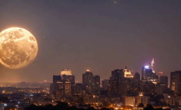 A time-lapse video of a supermoon rising over a city skyline, illuminating the night with an ethereal glow