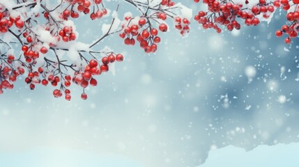 Red rowan berries covered with frost in the winter morning landscape. Nature banner with a place for the text.