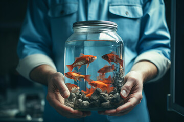 man holding a jar of goldfish bokeh style background
