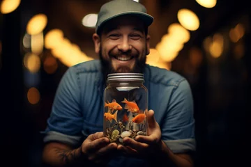 Fotobehang man holding a jar of goldfish bokeh style background © toonsteb