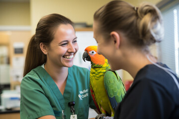 a female excotic pet vet smiling to a parrot bokeh style background