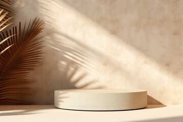 Empty stone podium for product display on beige wall background with tropical leaves