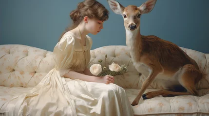 Foto auf Leinwand A girl with flowers in her hands sits next to a roe deer  © Olya Fedorova