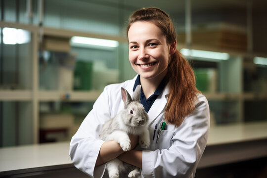 a female excotic pet vet hugging rabbit bokeh style background