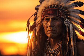 Obraz premium native american man wearing native dress in front of sunset bokeh style background