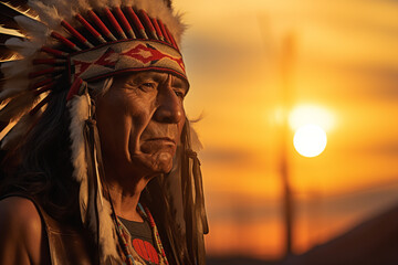 native american old man wearing native dress in front of sunset bokeh style background - obrazy, fototapety, plakaty