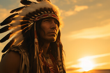 native american man wearing native dress in front of sunset bokeh style background