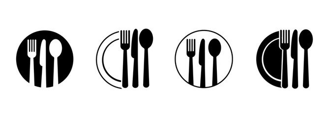 Set of fork, knife, spoon. Logotype menu. Set in flat style. Silhouette of cutlery. Vector illustration