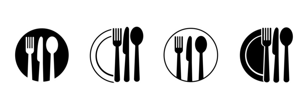 Set of fork, knife, spoon. Logotype menu. Set in flat style. Silhouette of cutlery. Vector illustration