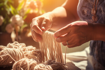 close up of hands touching yarn bokeh style background