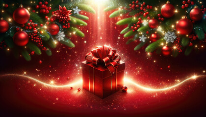 A red gift box with a shiny bow, festive christmas red background for holiday cards. Generative ai.