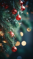Close-up vertical shot of decorated Christmas tree. Fir tree in golden and red baubles, lights, celebrating New Year blurred background vertical