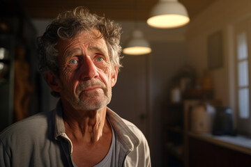 a middle aged man worried in living room bokeh style background