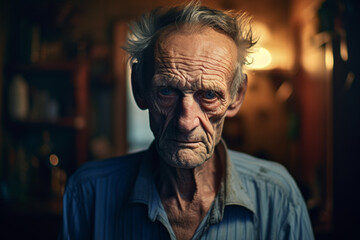 an old man looking stressed in living room bokeh style background