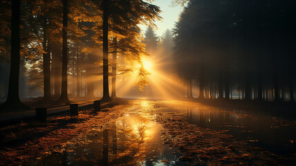 autumn landscape in the forest, the sun's rays break through the fog, morning sunrise in the wild nature